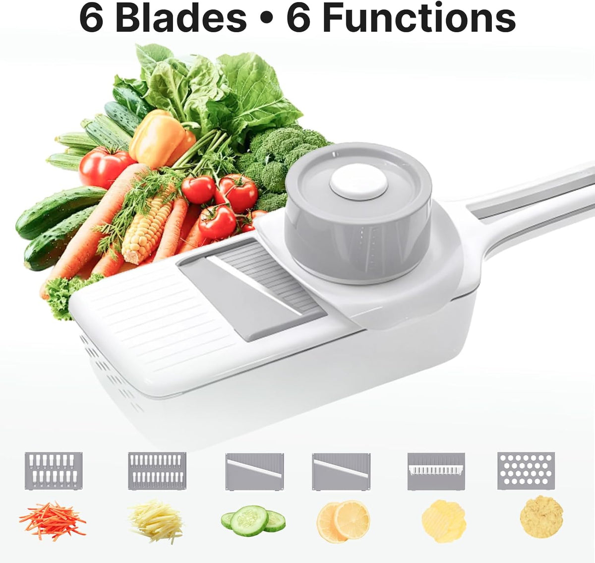 ZKIRON Mandoline Slicer for Kitchen with Drain Box, 6-in-1 Handheld Vegetable Slicer with Safety Hand Guard, Potato Slicer Cucumber Julienne Shredder Grater, Compact Salad Prep (Gray)