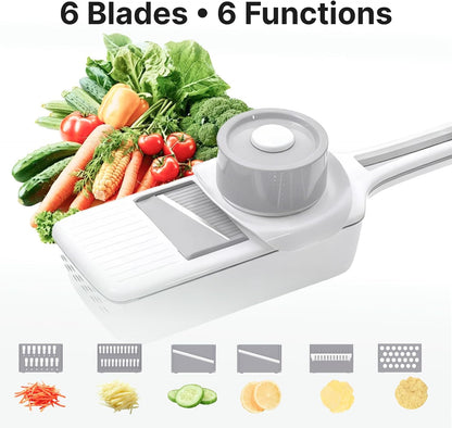 ZKIRON Mandoline Slicer for Kitchen with Drain Box, 6-in-1 Handheld Vegetable Slicer with Safety Hand Guard, Potato Slicer Cucumber Julienne Shredder Grater, Compact Salad Prep (Gray)