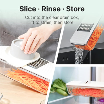 ZKIRON Mandoline Slicer for Kitchen with Drain Box, 6-in-1 Handheld Vegetable Slicer with Safety Hand Guard, Potato Slicer Cucumber Julienne Shredder Grater, Compact Salad Prep (Gray)