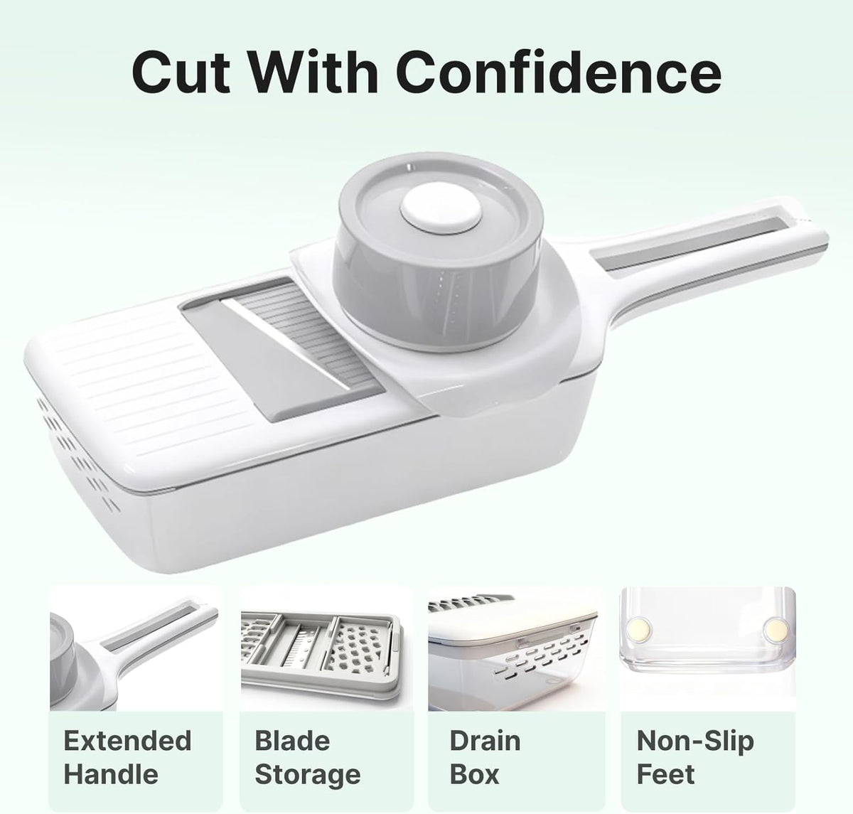 ZKIRON Mandoline Slicer for Kitchen with Drain Box, 6-in-1 Handheld Vegetable Slicer with Safety Hand Guard, Potato Slicer Cucumber Julienne Shredder Grater, Compact Salad Prep (Gray)