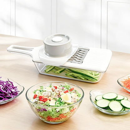 ZKIRON Mandoline Slicer for Kitchen with Drain Box, 6-in-1 Handheld Vegetable Slicer with Safety Hand Guard, Potato Slicer Cucumber Julienne Shredder Grater, Compact Salad Prep (Gray)