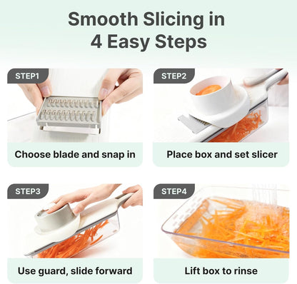ZKIRON Mandoline Slicer for Kitchen with Drain Box, 6-in-1 Handheld Vegetable Slicer with Safety Hand Guard, Potato Slicer Cucumber Julienne Shredder Grater, Compact Salad Prep (Gray)