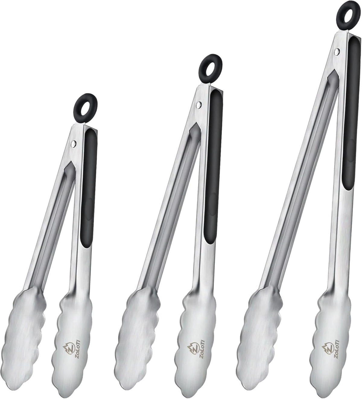Kitchen Tongs Set, 3 PCS, 12, 9 & 7 Inch | Silicone Grips, Lockable, Stainless Steel, Heat Resistant, For Grill Camping Cooking BBQ