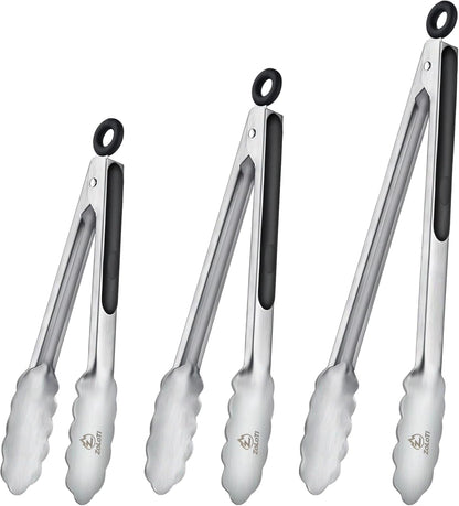 Kitchen Tongs Set, 3 PCS, 12, 9 & 7 Inch | Silicone Grips, Lockable, Stainless Steel, Heat Resistant, For Grill Camping Cooking BBQ