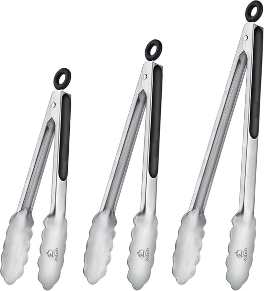 Kitchen Tongs Set, 3 PCS, 12, 9 & 7 Inch | Silicone Grips, Lockable, Stainless Steel, Heat Resistant, For Grill Camping Cooking BBQ