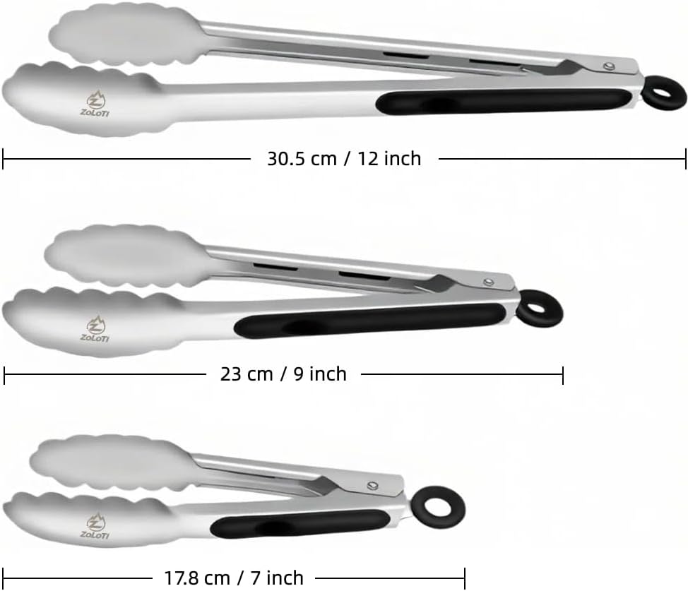 Kitchen Tongs Set, 3 PCS, 12, 9 & 7 Inch | Silicone Grips, Lockable, Stainless Steel, Heat Resistant, For Grill Camping Cooking BBQ