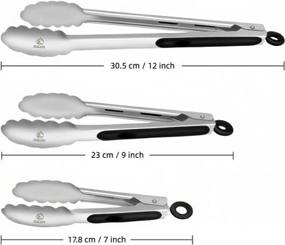 Kitchen Tongs Set, 3 PCS, 12, 9 & 7 Inch | Silicone Grips, Lockable, Stainless Steel, Heat Resistant, For Grill Camping Cooking BBQ