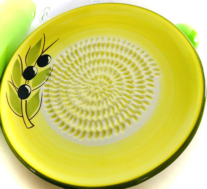 Premium Ceramic Garlic Grater Plate Set - Yellow Olive | Includes 5.25" Plate, Peeler, Brush, and Stand - For Strawberries, Ginger, Chocolate, Cheese, and more - Make your own puree!