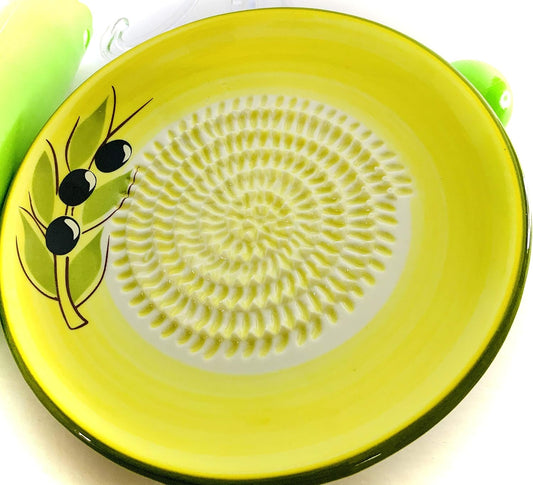 Premium Ceramic Garlic Grater Plate Set - Yellow Olive | Includes 5.25" Plate, Peeler, Brush, and Stand - For Strawberries, Ginger, Chocolate, Cheese, and more - Make your own puree!