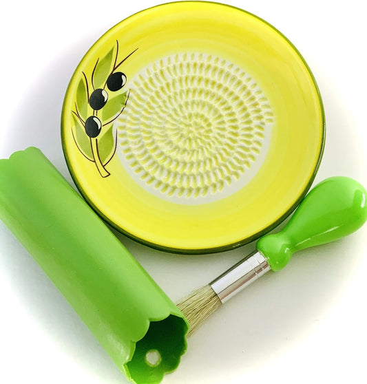 Premium Ceramic Garlic Grater Plate Set - Yellow Olive | Includes 5.25" Plate, Peeler, Brush, and Stand - For Strawberries, Ginger, Chocolate, Cheese, and more - Make your own puree!