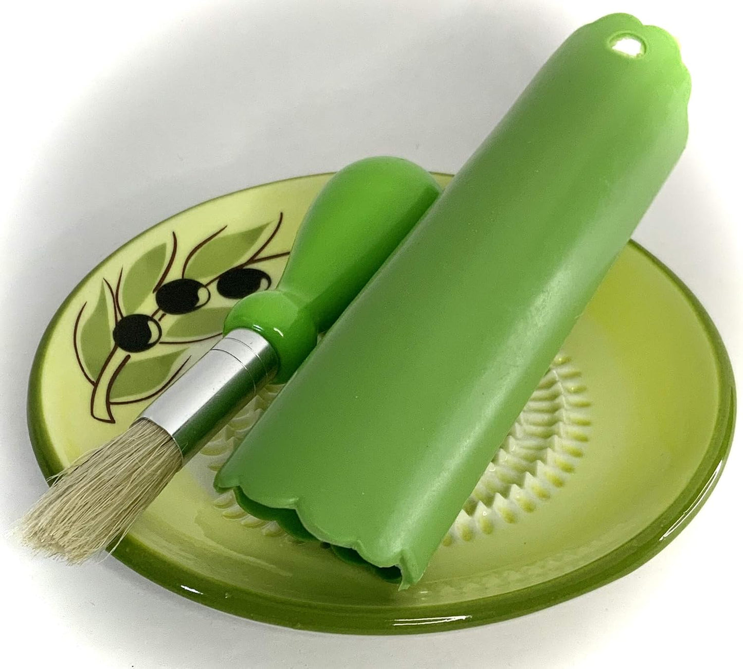 Premium Ceramic Garlic Grater Plate Set - Yellow Olive | Includes 5.25" Plate, Peeler, Brush, and Stand - For Strawberries, Ginger, Chocolate, Cheese, and more - Make your own puree!