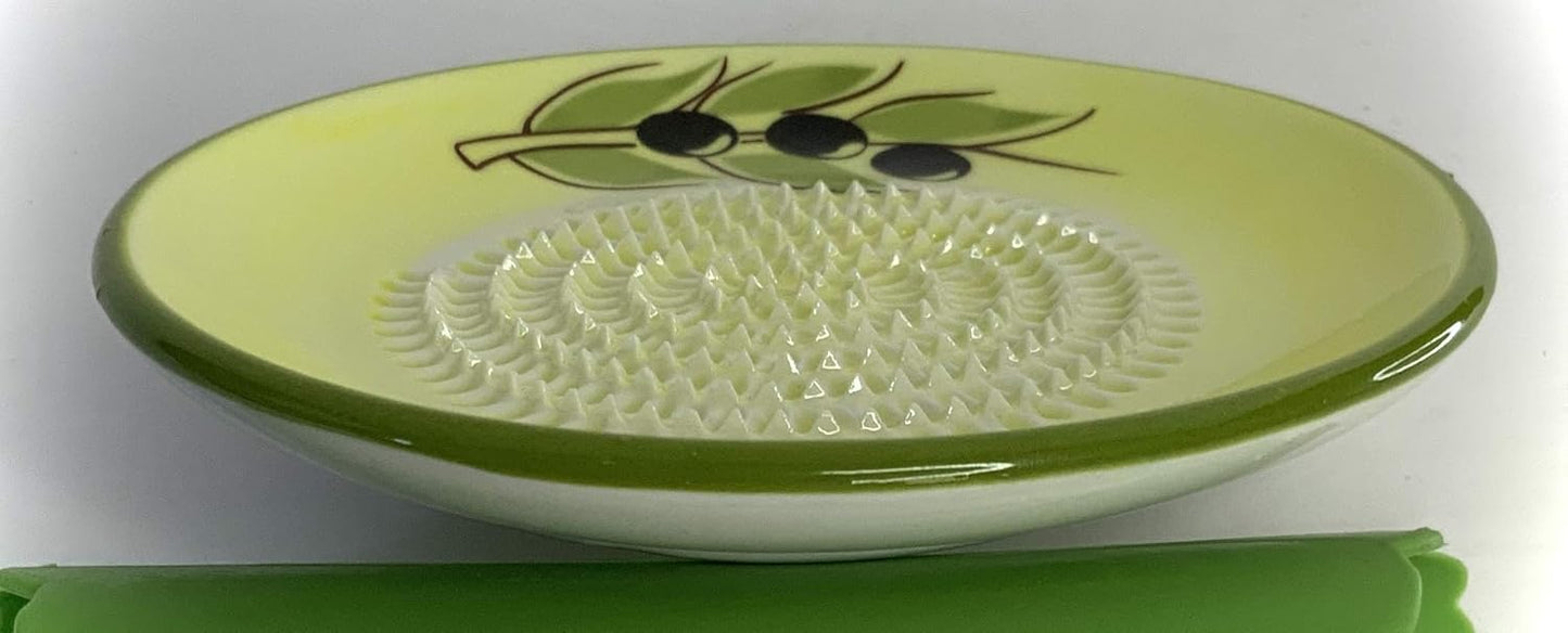 Premium Ceramic Garlic Grater Plate Set - Yellow Olive | Includes 5.25" Plate, Peeler, Brush, and Stand - For Strawberries, Ginger, Chocolate, Cheese, and more - Make your own puree!