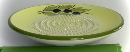 Premium Ceramic Garlic Grater Plate Set - Yellow Olive | Includes 5.25" Plate, Peeler, Brush, and Stand - For Strawberries, Ginger, Chocolate, Cheese, and more - Make your own puree!