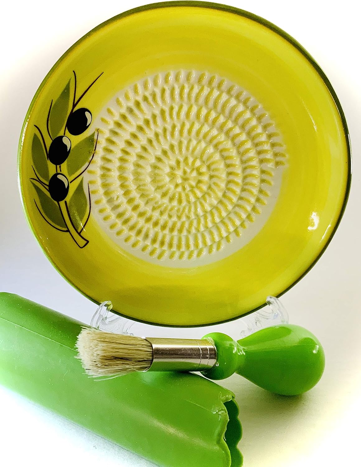 Premium Ceramic Garlic Grater Plate Set - Yellow Olive | Includes 5.25" Plate, Peeler, Brush, and Stand - For Strawberries, Ginger, Chocolate, Cheese, and more - Make your own puree!