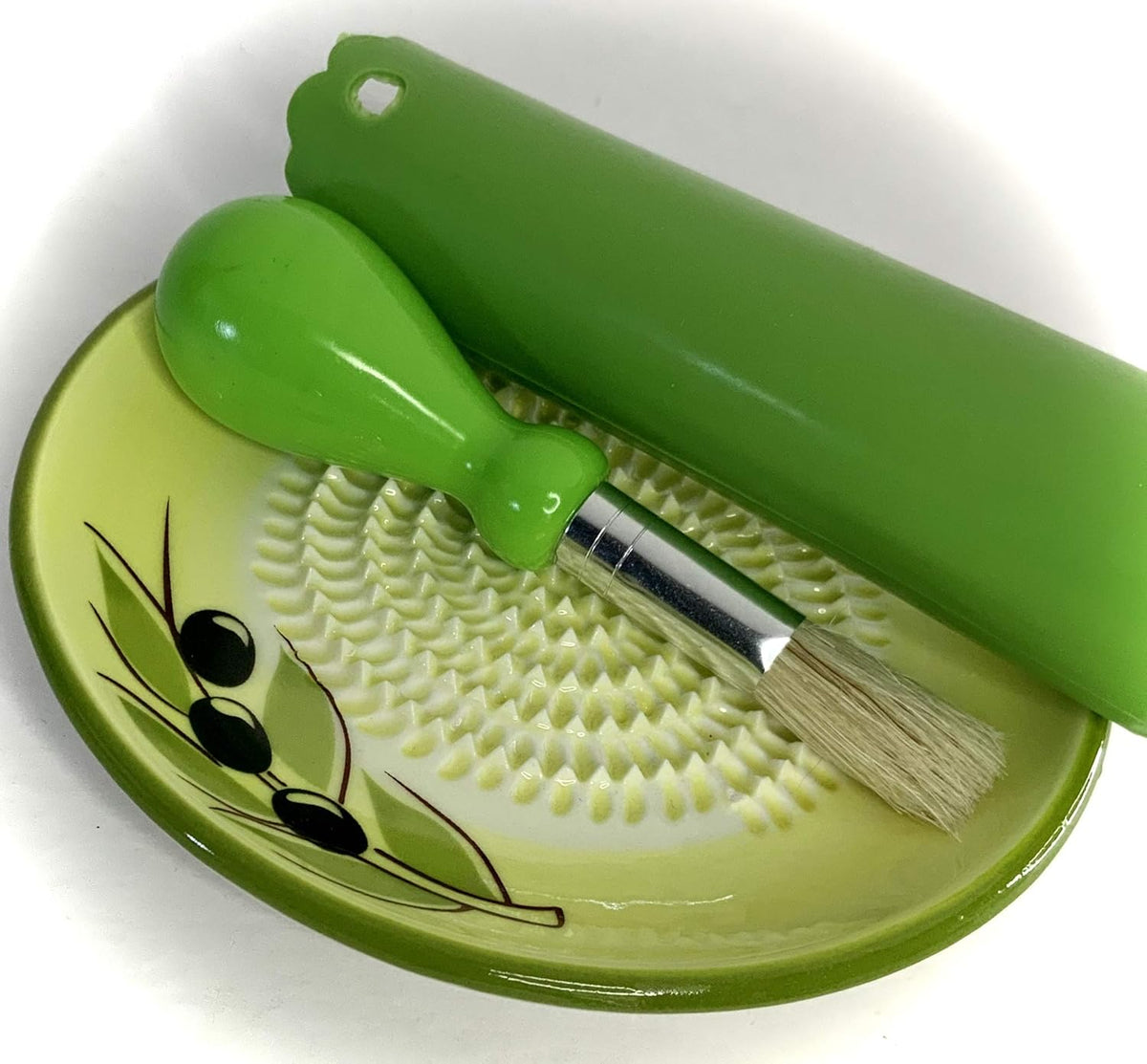 Premium Ceramic Garlic Grater Plate Set - Yellow Olive | Includes 5.25" Plate, Peeler, Brush, and Stand - For Strawberries, Ginger, Chocolate, Cheese, and more - Make your own puree!