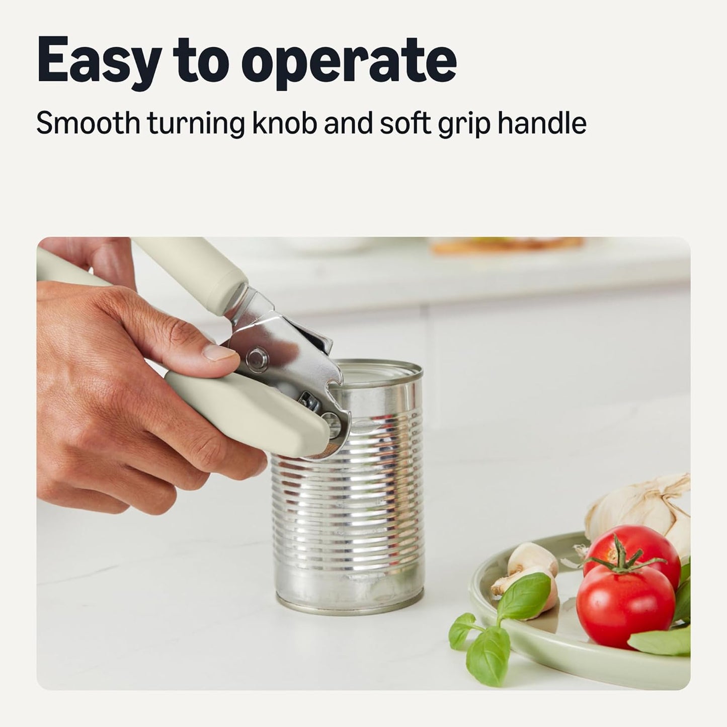 Manual Can Opener with Stainless Steel Construction, Soft Grip Handle, Dishwasher Safe, Linen Gray