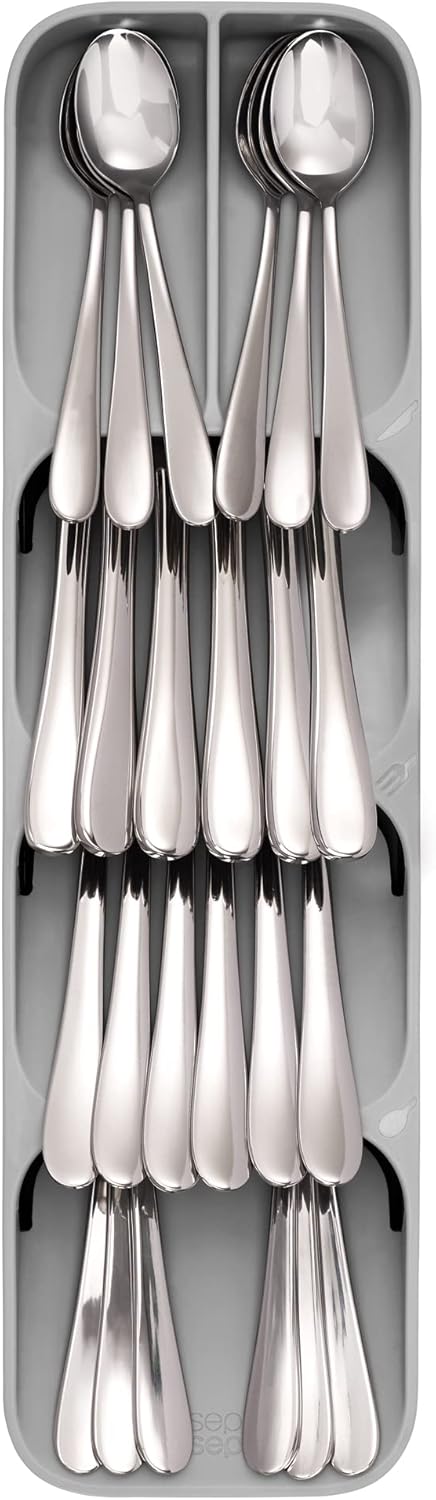 DrawerStore Compact Utensil Organizer For Kitchen Drawer Silverware, Flatware Tray, Small, Grey