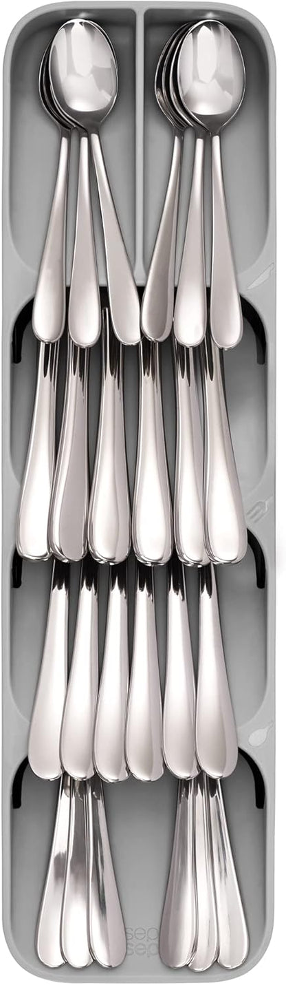 DrawerStore Compact Utensil Organizer For Kitchen Drawer Silverware, Flatware Tray, Small, Grey