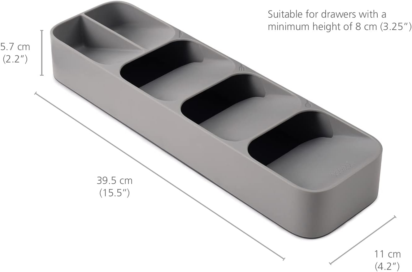 DrawerStore Compact Utensil Organizer For Kitchen Drawer Silverware, Flatware Tray, Small, Grey