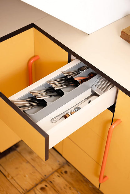 DrawerStore Compact Utensil Organizer For Kitchen Drawer Silverware, Flatware Tray, Small, Grey