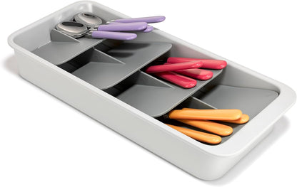 DrawerStore Compact Utensil Organizer For Kitchen Drawer Silverware, Flatware Tray, Small, Grey