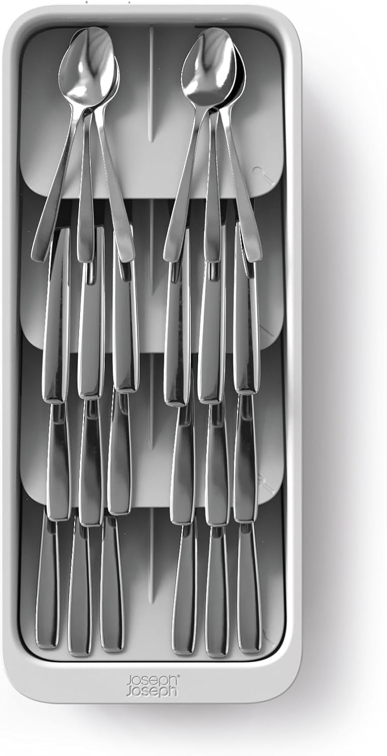 DrawerStore Compact Utensil Organizer For Kitchen Drawer Silverware, Flatware Tray, Small, Grey