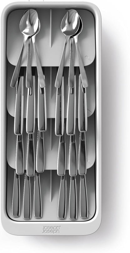 DrawerStore Compact Utensil Organizer For Kitchen Drawer Silverware, Flatware Tray, Small, Grey