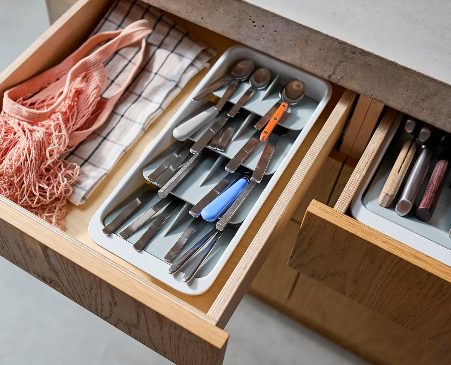 DrawerStore Compact Utensil Organizer For Kitchen Drawer Silverware, Flatware Tray, Small, Grey