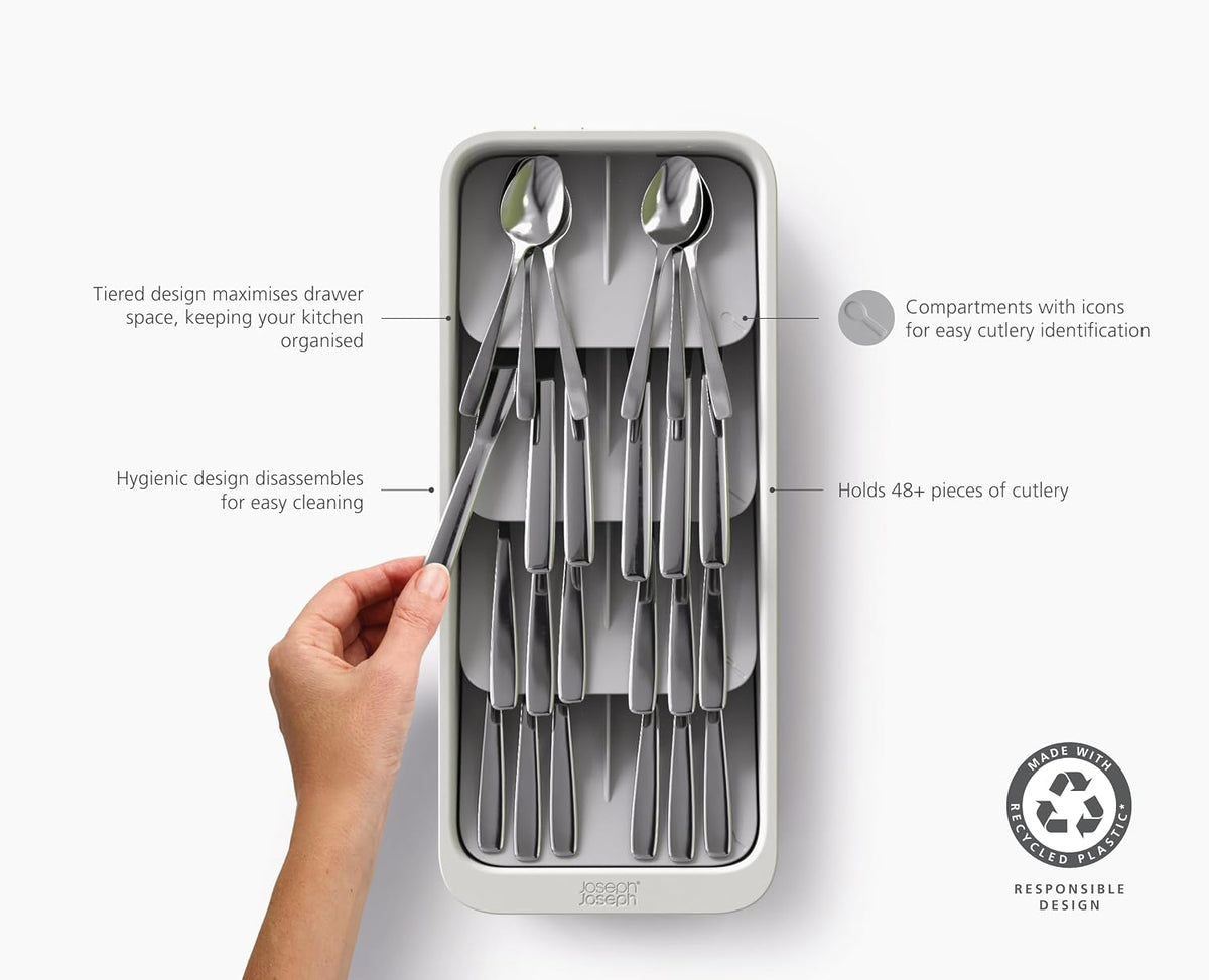 DrawerStore Compact Utensil Organizer For Kitchen Drawer Silverware, Flatware Tray, Small, Grey