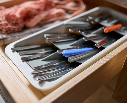 DrawerStore Compact Utensil Organizer For Kitchen Drawer Silverware, Flatware Tray, Small, Grey