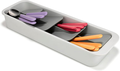 DrawerStore Compact Utensil Organizer For Kitchen Drawer Silverware, Flatware Tray, Small, Grey
