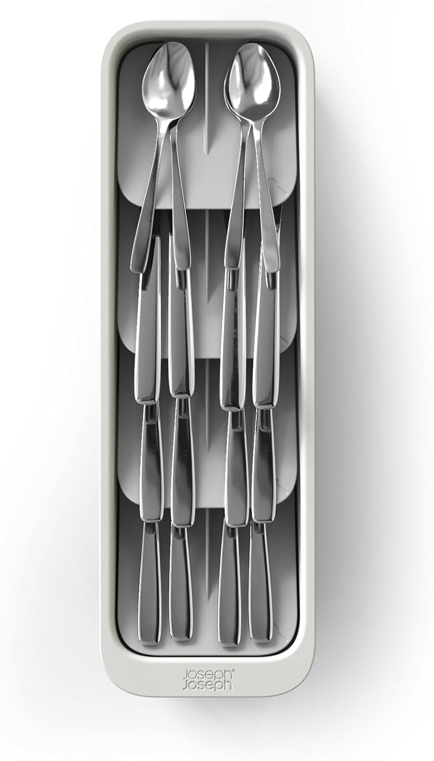 DrawerStore Compact Utensil Organizer For Kitchen Drawer Silverware, Flatware Tray, Small, Grey