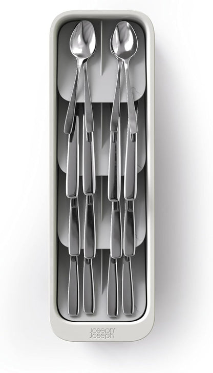 DrawerStore Compact Utensil Organizer For Kitchen Drawer Silverware, Flatware Tray, Small, Grey