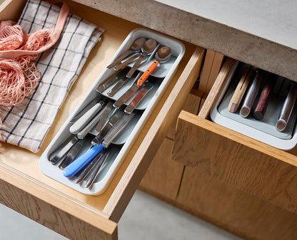 DrawerStore Compact Utensil Organizer For Kitchen Drawer Silverware, Flatware Tray, Small, Grey