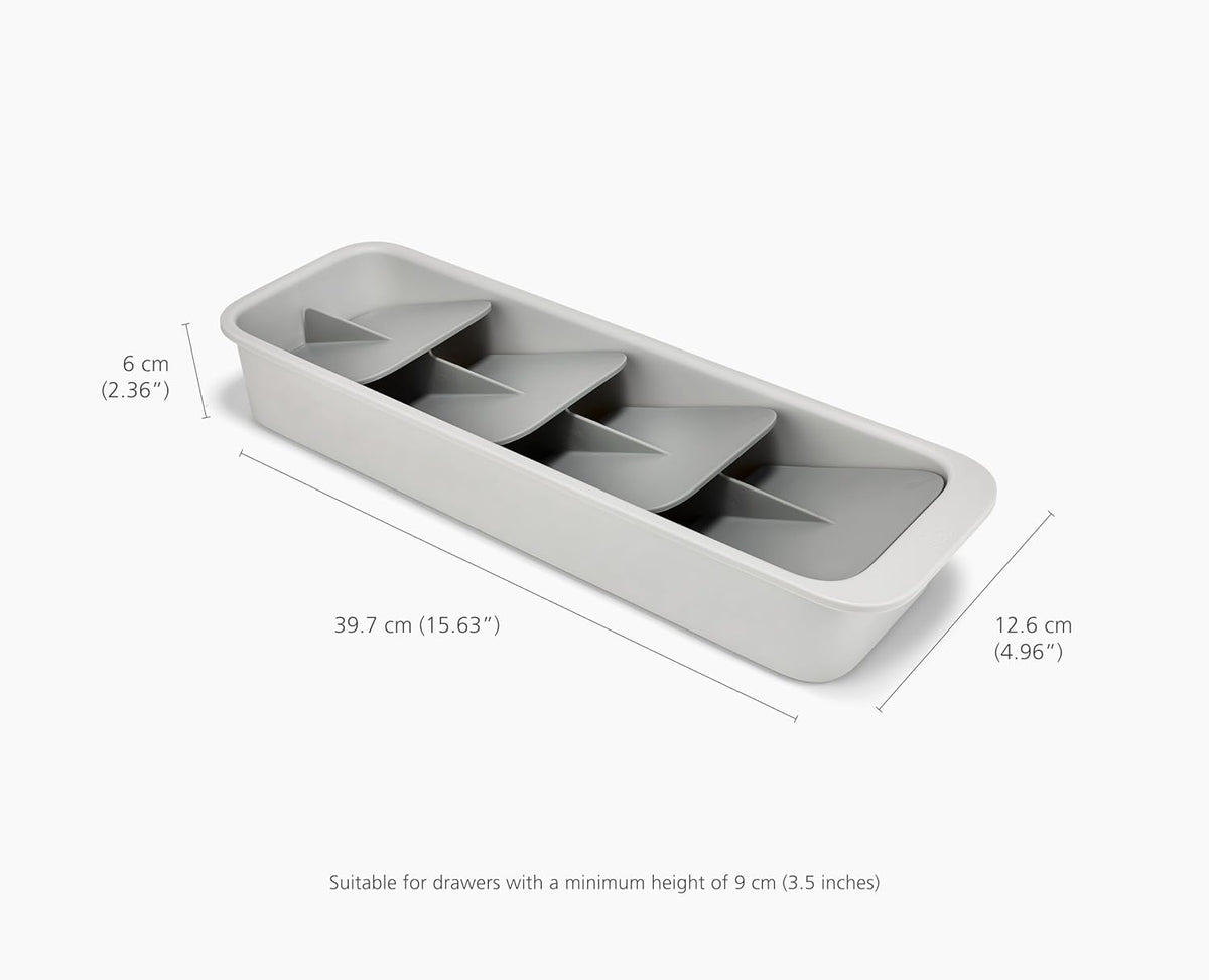 DrawerStore Compact Utensil Organizer For Kitchen Drawer Silverware, Flatware Tray, Small, Grey