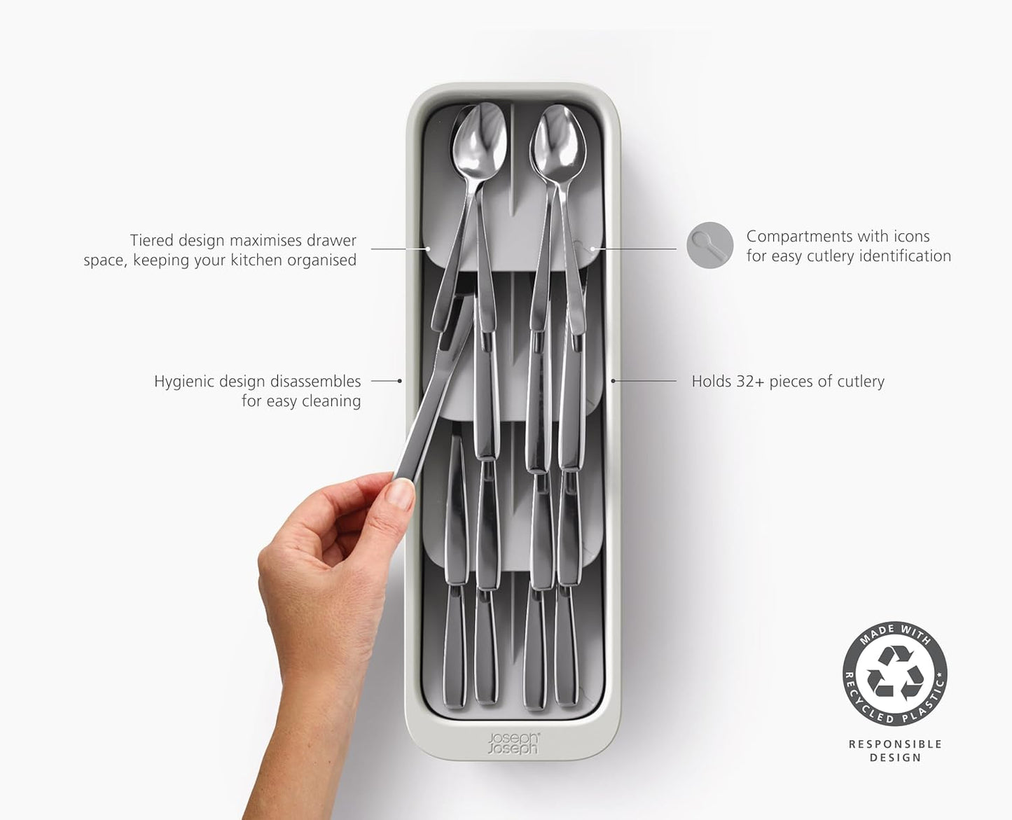 DrawerStore Compact Utensil Organizer For Kitchen Drawer Silverware, Flatware Tray, Small, Grey