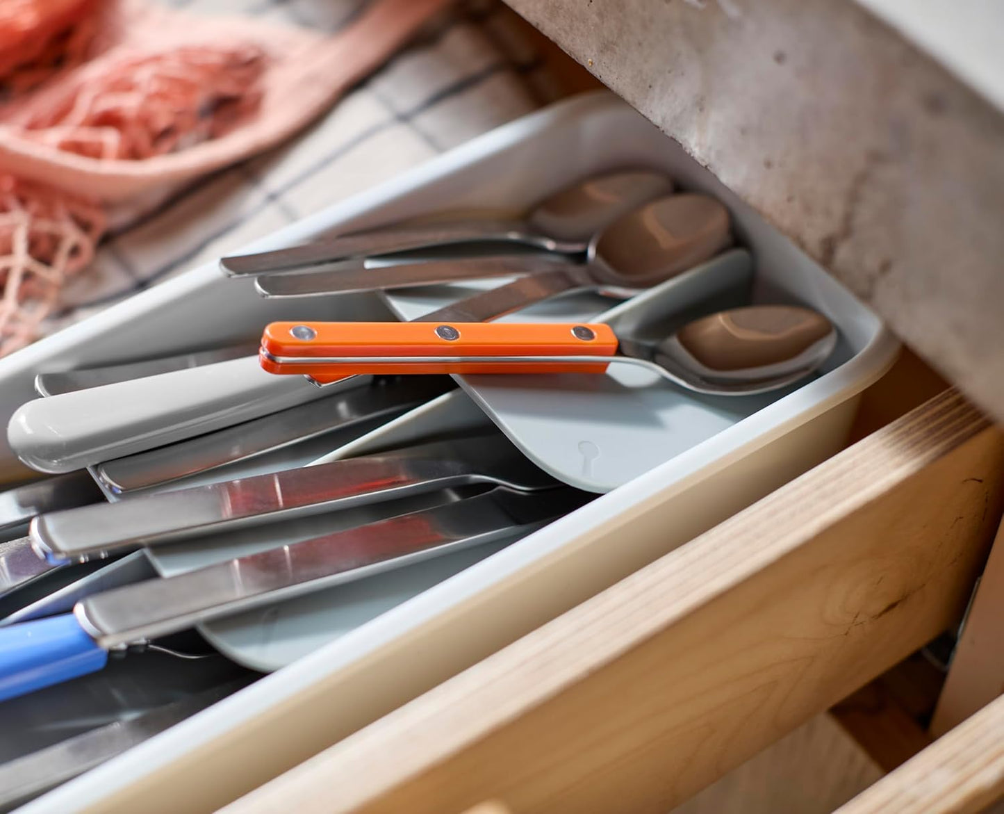 DrawerStore Compact Utensil Organizer For Kitchen Drawer Silverware, Flatware Tray, Small, Grey
