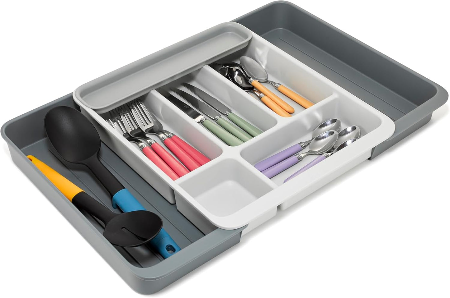 DrawerStore Compact Utensil Organizer For Kitchen Drawer Silverware, Flatware Tray, Small, Grey