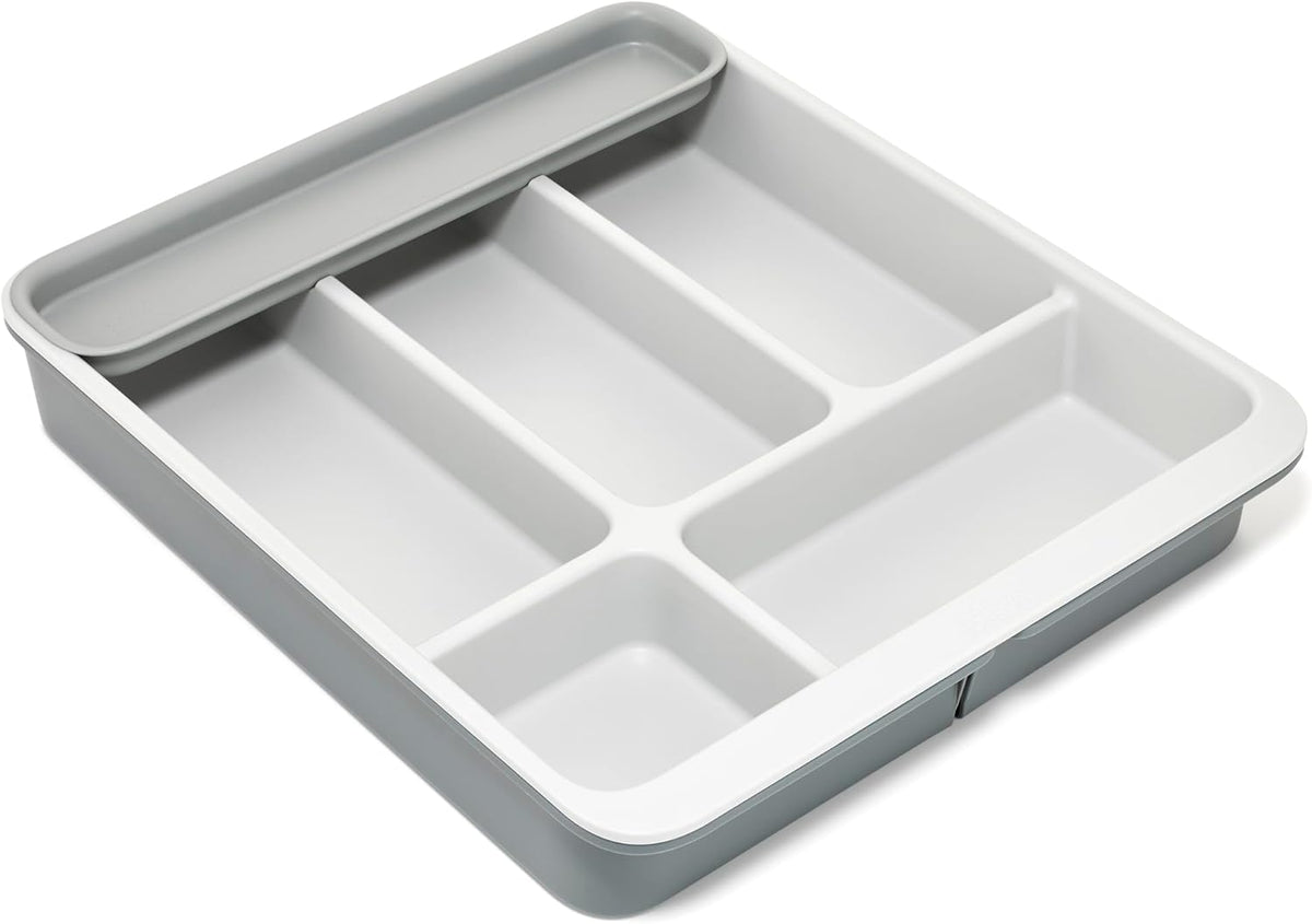 DrawerStore Compact Utensil Organizer For Kitchen Drawer Silverware, Flatware Tray, Small, Grey