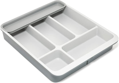 DrawerStore Compact Utensil Organizer For Kitchen Drawer Silverware, Flatware Tray, Small, Grey