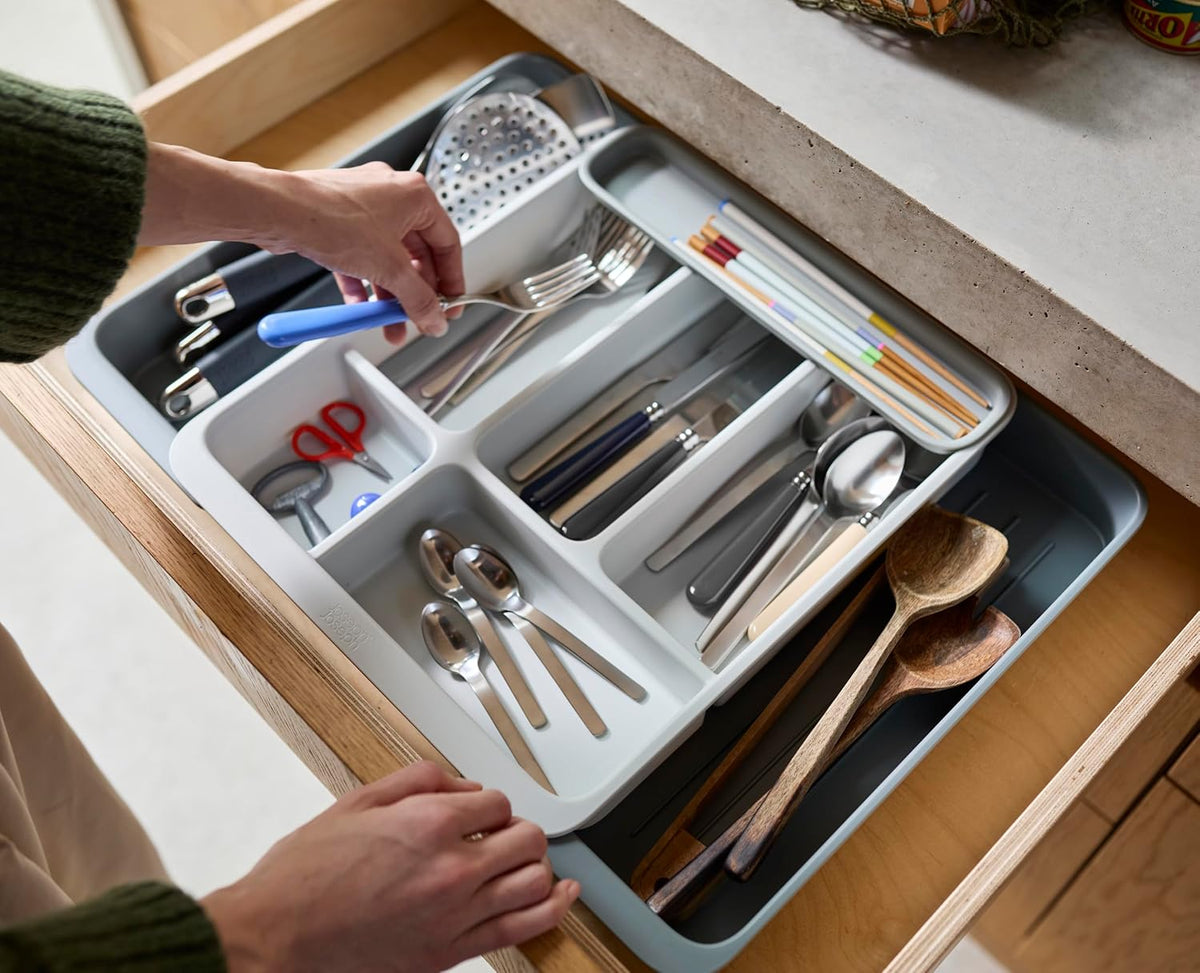 DrawerStore Compact Utensil Organizer For Kitchen Drawer Silverware, Flatware Tray, Small, Grey