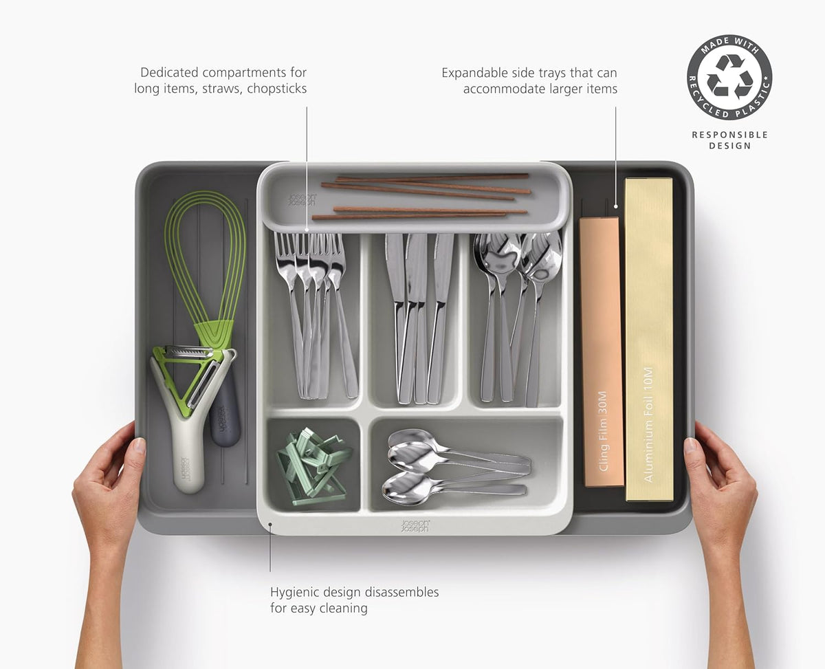 DrawerStore Compact Utensil Organizer For Kitchen Drawer Silverware, Flatware Tray, Small, Grey