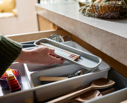 DrawerStore Compact Utensil Organizer For Kitchen Drawer Silverware, Flatware Tray, Small, Grey
