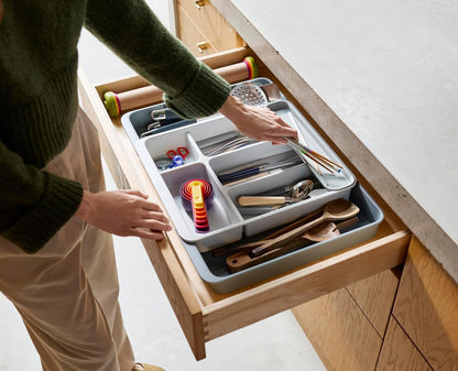 DrawerStore Compact Utensil Organizer For Kitchen Drawer Silverware, Flatware Tray, Small, Grey