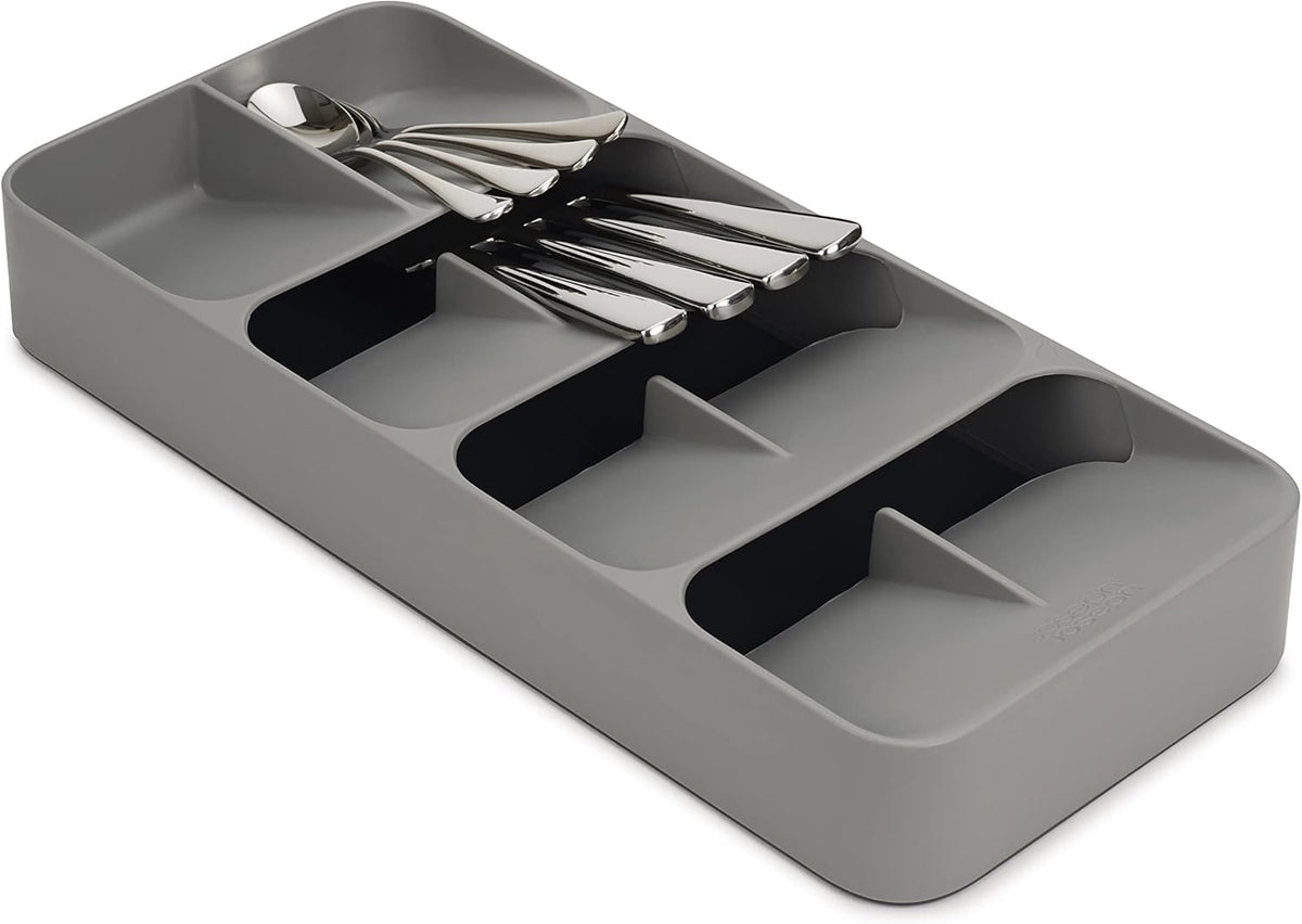 DrawerStore Compact Utensil Organizer For Kitchen Drawer Silverware, Flatware Tray, Small, Grey