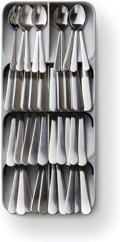 DrawerStore Compact Utensil Organizer For Kitchen Drawer Silverware, Flatware Tray, Small, Grey