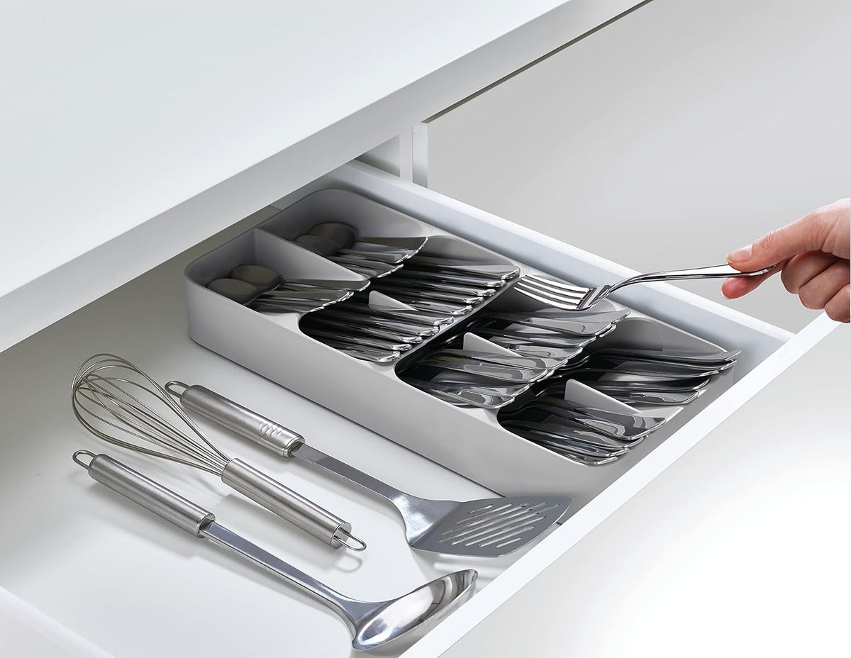 DrawerStore Compact Utensil Organizer For Kitchen Drawer Silverware, Flatware Tray, Small, Grey