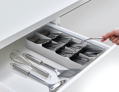 DrawerStore Compact Utensil Organizer For Kitchen Drawer Silverware, Flatware Tray, Small, Grey