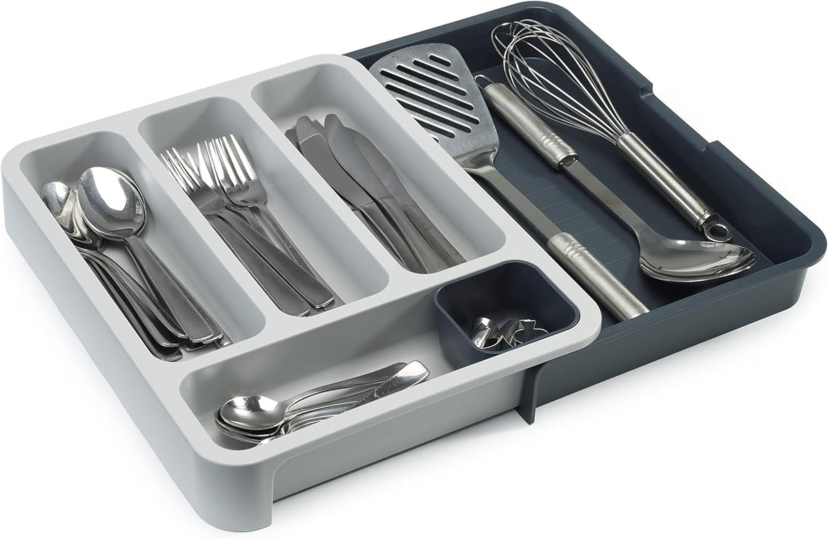 DrawerStore Compact Utensil Organizer For Kitchen Drawer Silverware, Flatware Tray, Small, Grey