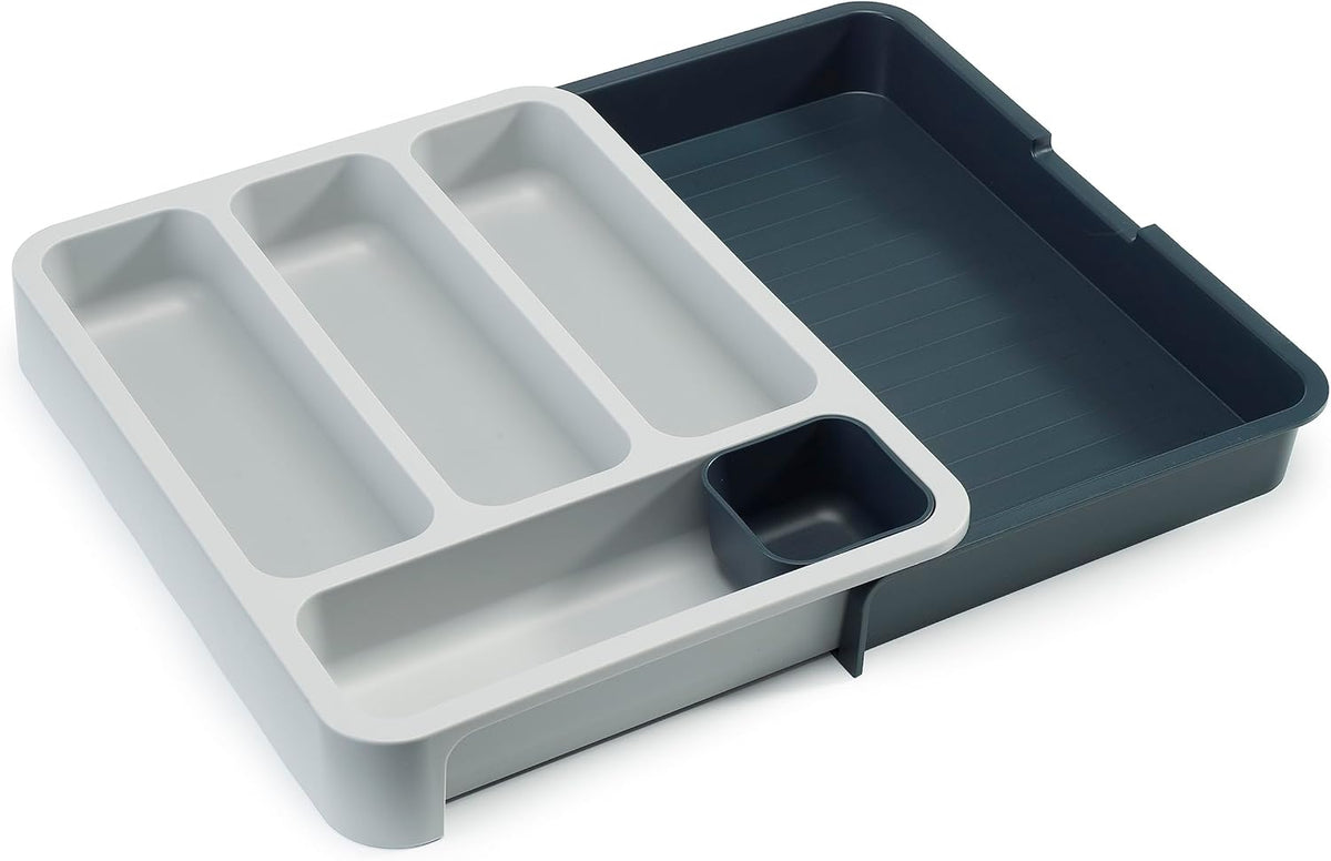 DrawerStore Compact Utensil Organizer For Kitchen Drawer Silverware, Flatware Tray, Small, Grey